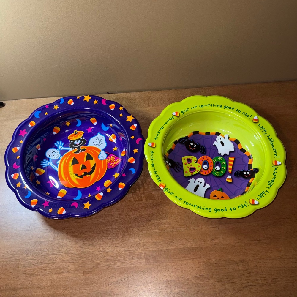 Ullman Co Halloween Scalloped Bowls Set of 2 Purple Green Pumpkin Ghost 14 inch